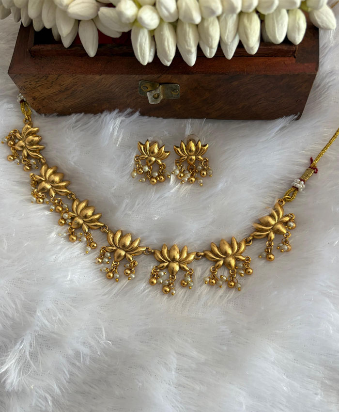 Divine Lotus Neck Set with Matte Gold Finish