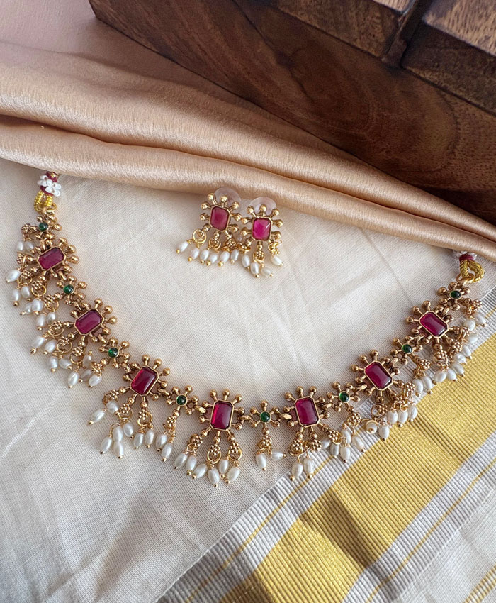 Traditional Rice Pearl and Gemstone Necklace Set: Rich Hues & Dainty Pearls