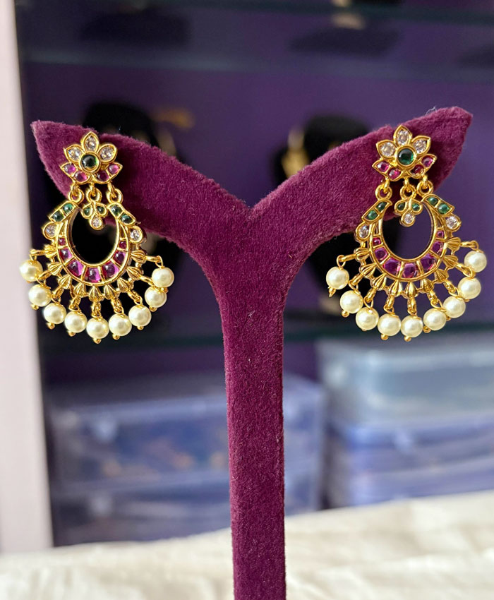 Buy Anvika Earrings of Multi-Color Stones with Crescent Design and Pearl Drops online