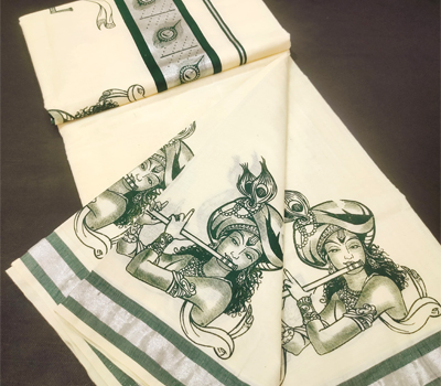 Kerala Saree Printed with Silver Border