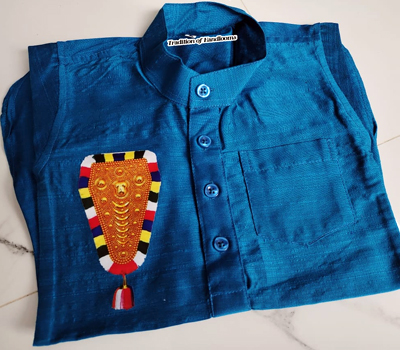 Cotton Kurtha with Dhothi with Elephant Golden Head Print for Kids 