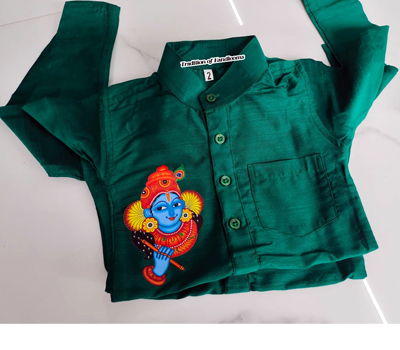 Cotton Kurtha with Dhothi with Young Kirshna Print for Kids 