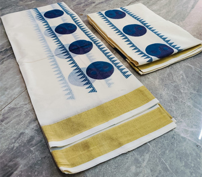 Kerala Traditional Cotton Set Mund with Golden Border for Women 