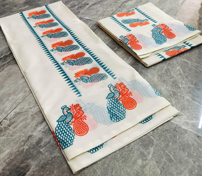 Kerala Traditional Cotton Set Mund with Dancing Peacok for Women 