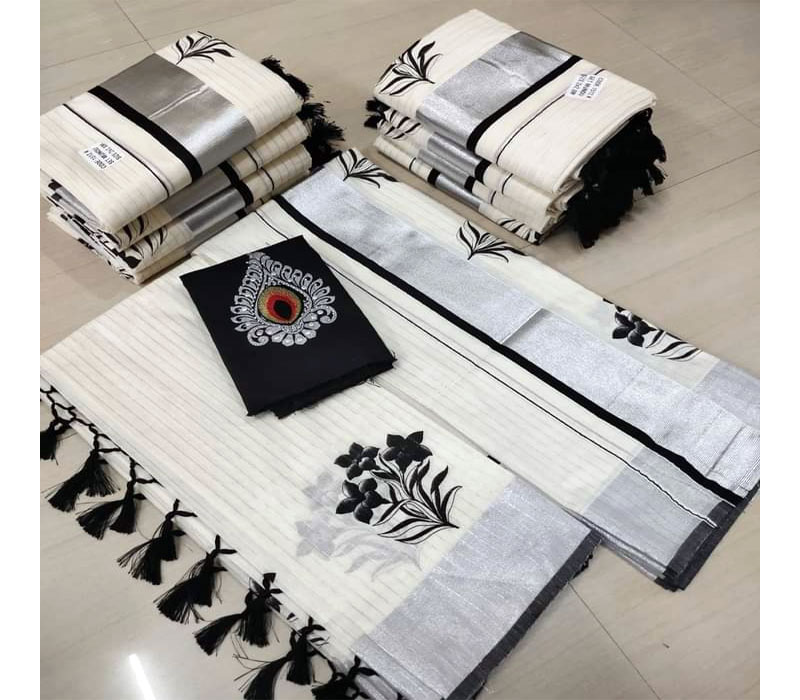 Kerala Traditional Cotton Setmundu and Saree Combo with Blouse